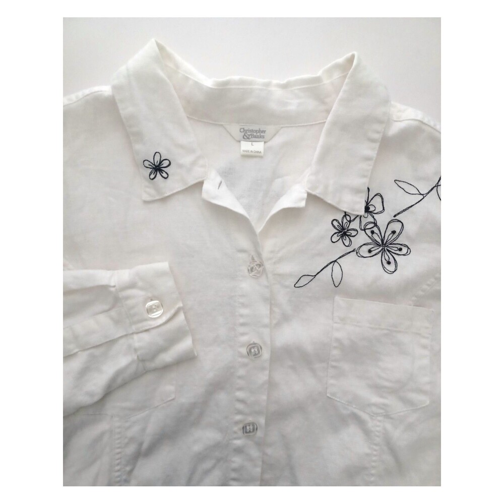 Christopher Banks Linen Bend Top Large Western Cowgirl Embroidered Coastal